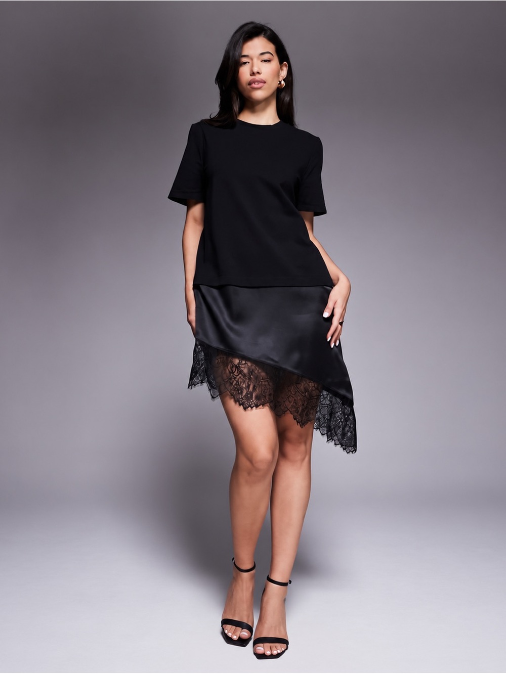 ASOS Black Satin Lace-Trim Mini Dress